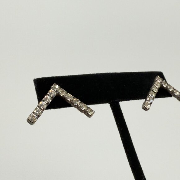 Vintage Rhinestone Chevron Stud Earrings Silver-Tone Metal - Picture 4 of 8